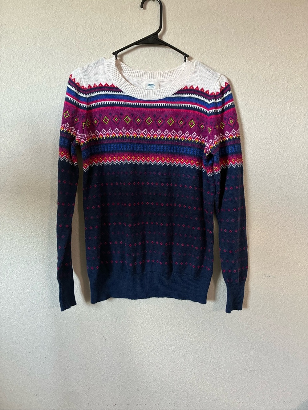 Old Navy Navy, White & Pink Fair Isle Crewneck Sweater